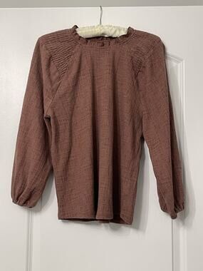 Current Air Anthropologie Brown Textured Ruffle Mock Neck Long Sleeve Top Size S